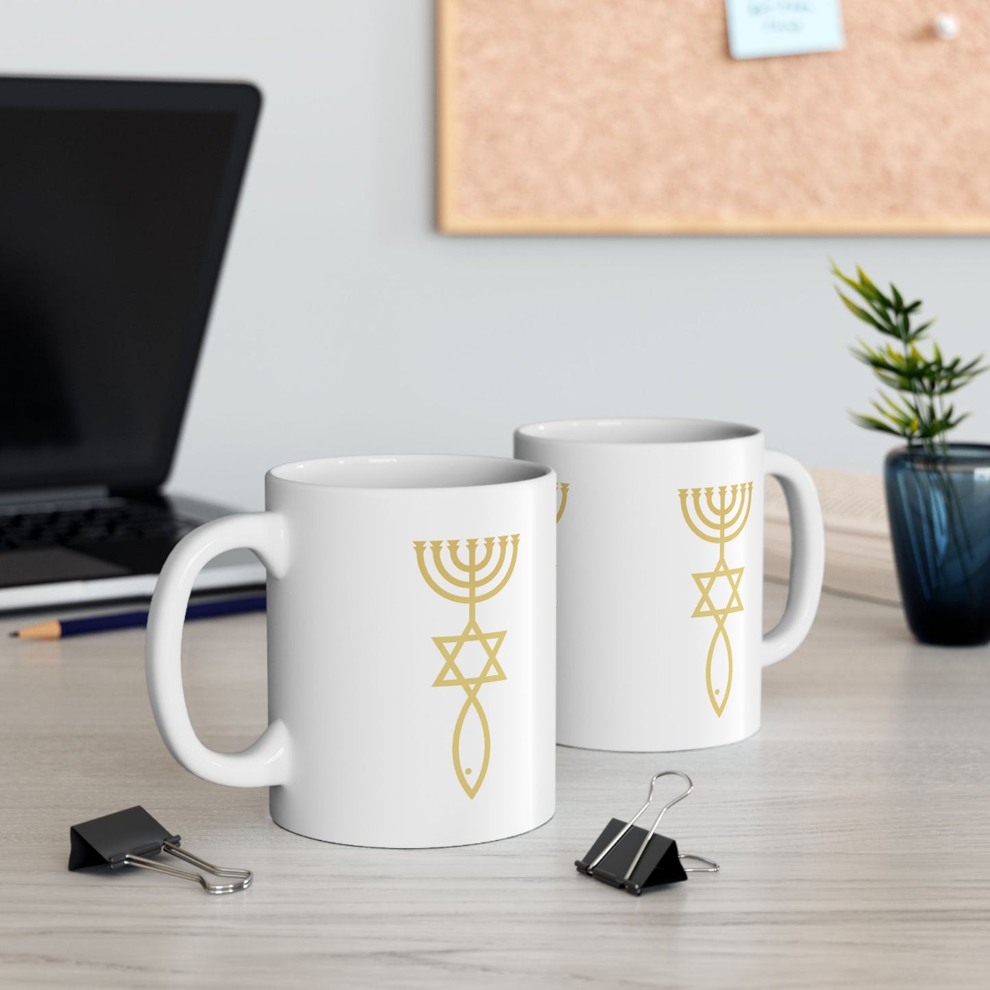 Elegant Gold Symbol Ceramic Mug, Spiritual Gift, Coffee Tea Cup, Judaica Decor, Unique Housewarming Present, 11oz & 15oz