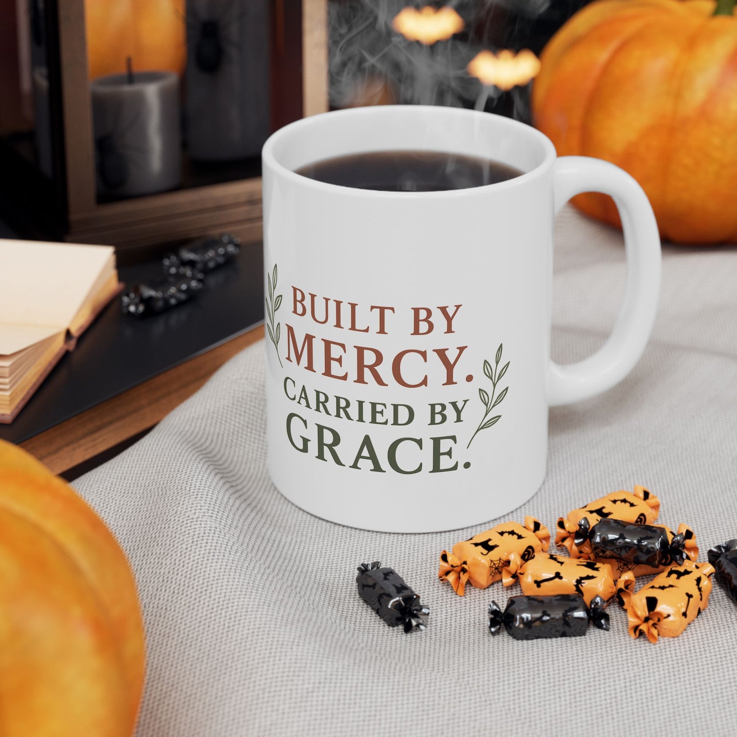 Inspirational Ceramic Mug - Built by Mercy, Carried by Grace, Motivational Coffee Cup, Gift for Friends, Home Decor, Faith-Based Present