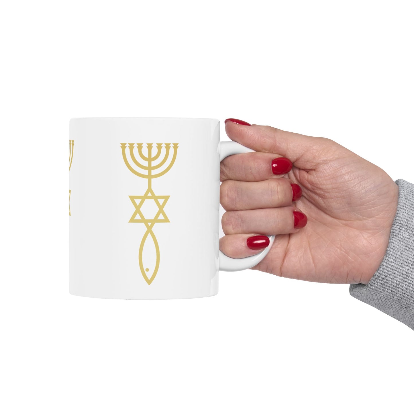 Elegant Gold Symbol Ceramic Mug, Spiritual Gift, Coffee Tea Cup, Judaica Decor, Unique Housewarming Present, 11oz & 15oz
