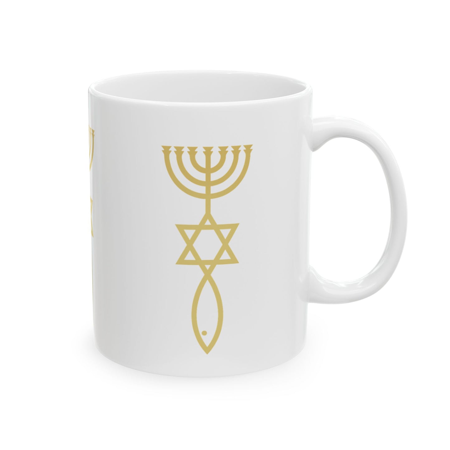 Elegant Gold Symbol Ceramic Mug, Spiritual Gift, Coffee Tea Cup, Judaica Decor, Unique Housewarming Present, 11oz & 15oz